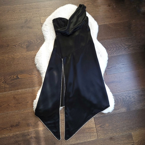 Nana Jacqueline x Revolve Satin Pearl Crystal Satin Asymmetrical Midi Dr… - Picture 2 of 12